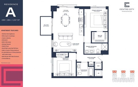 Floor plan for 2 beds, 2 baths, 1037 sqft